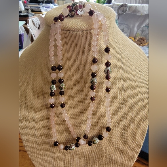 VINTAGE 1970"S GARNET/ROSE QUARTZ/CLOISONNE & GOLDTONE BEADED NECKLACE - Picture 6 of 8